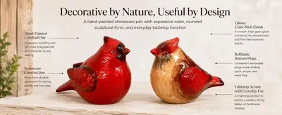 Highlights specific physical features and design elements of the decorative cardinal stoneware pair, helping shoppers understand the craftsmanship and functional details of the product. Showcases…