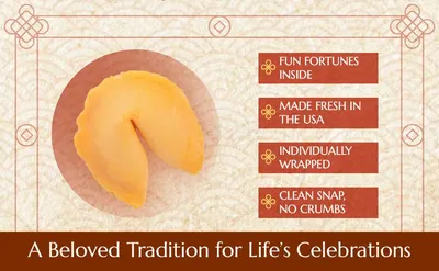 Highlights multiple distinct product benefits in a visually segmented layout to communicate key selling points including fun fortunes, USA manufacturing, individual wrapping, and clean eating…