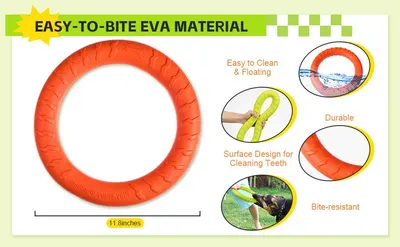 Highlights multiple benefits of the EVA material including easy to clean, floating, durable, teeth-cleaning surface design, and bite-resistant properties to help shoppers understand the…