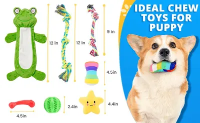 Shows all the puppy chew toys included in the set with size measurements, helping shoppers understand the complete value and variety they will receive. Provides exact size measurements for each toy…