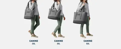 Displays the three available size options of the Camino tote bag to help shoppers choose the right capacity for their needs.