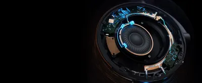 Shows a closer cutaway of the speaker driver's internal components and signal path to build confidence in the engineering behind the audio.