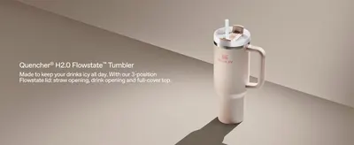 Highlights the tumbler's 3-position Flowstate lid and all-day ice retention to reassure shoppers of practical, everyday functionality.