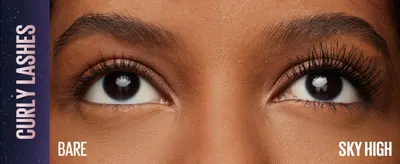 Shows bare lashes beside Sky High lashes to prove the mascara delivers visible curl and lift. Reinforces one core claim that the mascara curls lashes for an open, lifted look.