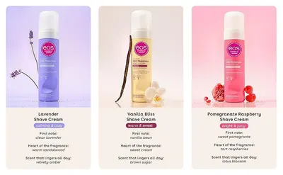 Shows the three shave cream scents side by side so shoppers can pick the variant that suits them.