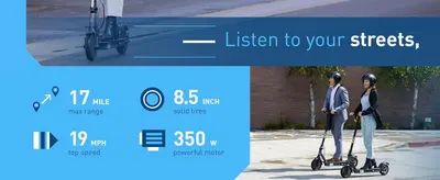 Showcases multiple key product specifications and benefits in a visually organized layout to help shoppers quickly understand the scooter's range, speed, tire quality, and motor power. Highlights…