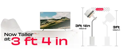 Shows the HALO v2 is now 4 inches taller at 3 ft 4 in compared with the HALO v1 so shoppers know the physical size change. Highlights the single key update that the fan now stands taller.