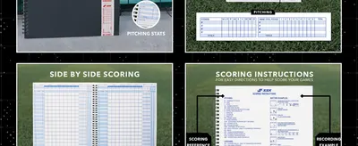 Shows the scorebook being used for multiple scoring tasks including pitching stats, side by side scoring, and instructions to help shoppers see how the product records game data. Zooms in on the…