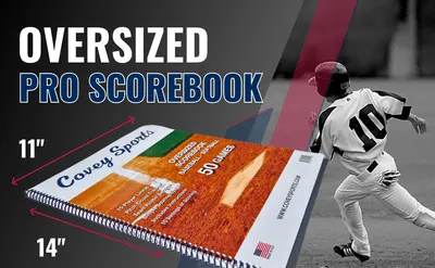 Shows the oversized physical dimensions of the scorebook with measurement arrows so shoppers know it is a large format book before buying. Pairs the product with a dynamic baseball player image to…