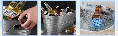 Shows the metal ice bucket filled with beer bottles and ice in real settings like parties and gatherings so shoppers can picture using it for entertaining.