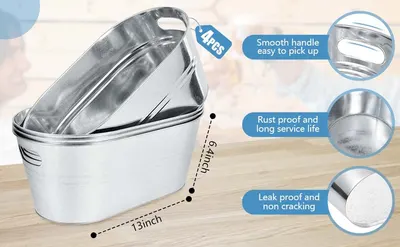 Segmented callouts highlight easy handling, rust resistance, and leak proof durability to reassure shoppers about quality and longevity of the galvanized tubs. Dimension arrows show the tub measures…