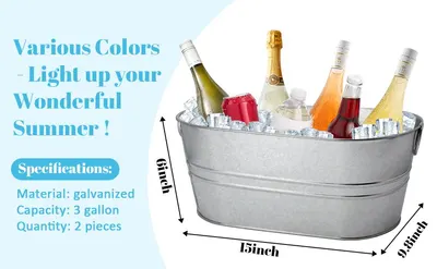 Shows the exact physical dimensions of the galvanized tub with arrows so shoppers can judge fit and space before buying. Specifications list material, capacity, and quantity to reassure buyers about…