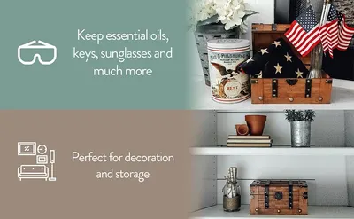 Shows two stacked benefit panels highlighting that the trunk stores everyday items like oils keys and sunglasses and doubles as decor for shelves and display spaces.