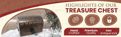 Highlights three key selling points of the treasure chest in segmented icon panels so shoppers quickly see its handcrafted build, premium quality, and antique iron lock.