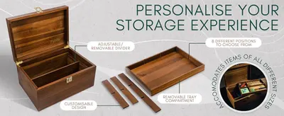 Shows several storage customization features in segmented callouts so shoppers understand how the wooden box can be adapted to fit their items. Headline frames the wooden box as a personalised…