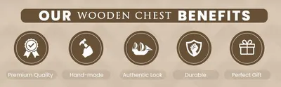 Shows five distinct wooden chest benefits in a segmented icon row so shoppers can quickly see why this chest is a quality, durable, authentic and giftable choice. Positions the wooden chest as a…