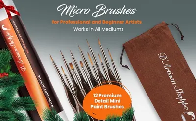 Presents the D'Artisan Shoppe brand and its 12 piece micro brush set as a versatile option for both professional and beginner artists. The seasonal pine and red ribbon accents also suggest a…