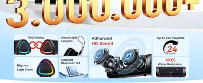 Segmented panels showcase multiple speaker features like wireless pairing, light show, bluetooth connectivity, sound quality, battery life and water resistance to help shoppers quickly compare key…