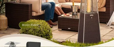 Shows the brown rattan finish of the patio heater in a relaxed outdoor setting to help shoppers match it with their garden style. Presents the brown rattan option as part of the brand lineup so…