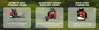 Presents three distinct product benefits in segmented panels: a powerful 75cc engine with 3.8 HP output, padded shoulder straps that reduce strain, and a carburetor that starts easily with a pull.…
