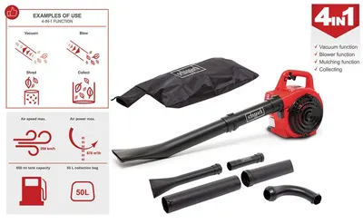 Shows the four ways the blower can be used, helping shoppers understand how the 4-in-1 function works across vacuum, blow, mulch and collect tasks. Highlights multiple selling points including the…