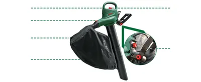 Breaks down the leaf blower vacuum by pointing to its physical parts, including the zoomed quick-release clamp and the collection bag, so shoppers understand how the machine is built and assembled.…