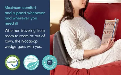 Shows a pregnant woman relaxing on a couch with the wedge, conveying that the product offers portable comfort and support wherever she needs it. Displays certifications and safety badges that…