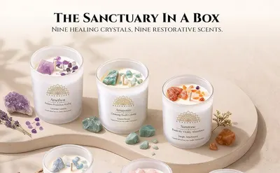 Presents the full lineup of nine crystal candles from the brand so shoppers see the range of options and feel invited to explore the collection. The sanctuary headline reinforces a calm,…