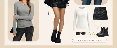 Shows a curated fashion look of the brand's apparel and accessories to inspire outfit pairing and help shoppers envision a complete style. Presents the clothing on a model in a real-world styling…