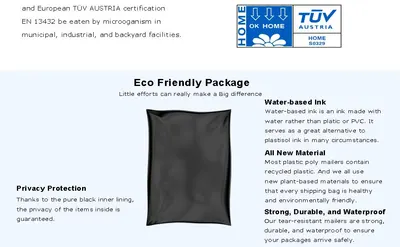 Shows certifications and eco-friendly materials proving the mailer is compostable and environmentally responsible while protecting customer privacy. Segments the mailer benefits into distinct panels…