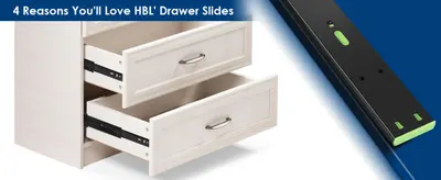 Headline promises four reasons to love the HBL drawer slides, signaling multiple selling points about smooth operation and durability to help shoppers trust the product. Shows the slides extended in…
