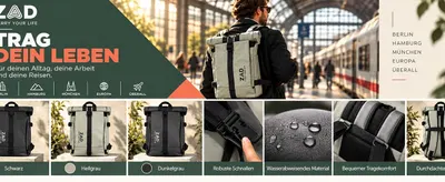 Presents the ZAD brand slogan and travel-focused positioning while showing color variants and key features like water resistance and comfort to build brand identity. Segments the module into panels…