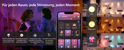 Shows the lights working across many rooms and moods so shoppers see how versatile the system is for any space or occasion. Highlights several benefits including color gradients, dynamic scenes,…