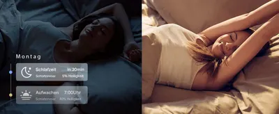 Shows the lamp easing the user into sleep with dimming and waking gently with brightening light to improve sleep routine. Illustrates how to set a sleep timer and wake schedule in the app so…