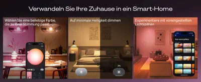 Shows three distinct smart lighting benefits in segmented panels so shoppers see color choice, dimming range, and preset scenes controlled through the app. Not applicable to this module.