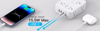 Demonstrates the power strip's compatibility with various devices like smartphones and earbuds, reassuring shoppers about safe charging for their electronics. Highlights the power strip's key…