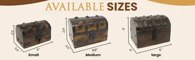 Displays the three available size options for the treasure chest product to help shoppers choose the right size for their needs.