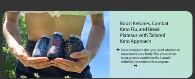 Builds trust and social proof by featuring a direct customer testimonial about the product's effectiveness in avoiding keto flu and supporting the keto diet. Displays the brand's keto product lineup…