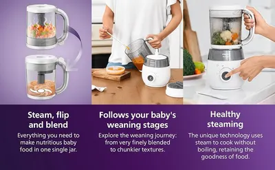Showcases three distinct product benefits in a segmented layout to help shoppers understand the versatility and key functions of this baby food maker.