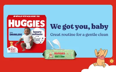 Communicates that the Huggies wipes provide a gentle cleaning routine for babies, reassuring parents about product softness and care.