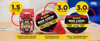 Displays the different size options available within the Scotch Box Lock product line to help shoppers choose the right tape size for their needs. Highlights three distinct benefits across the…