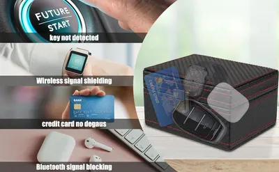 Demonstrates multiple security benefits of the product by showing how it blocks various wireless signals including car key fobs, smartwatches, credit cards, and Bluetooth devices to prevent theft…
