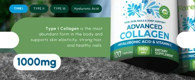 Highlights Type 1 Collagen at 1000mg dosage and explains its benefits for skin elasticity, hair, and nails to help shoppers understand the primary ingredient value.