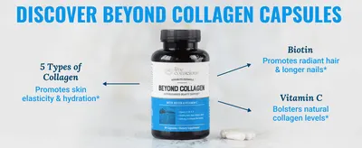 Highlights multiple distinct product benefits including collagen types, biotin for hair and nails, and vitamin C for collagen support to help shoppers understand the comprehensive value proposition.
