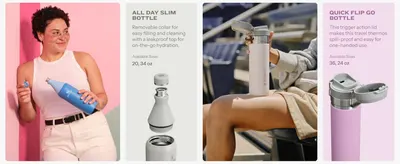 Helps shoppers choose between two STANLEY bottle styles by showing each one's name, photo and standout feature side by side. Uses segmented panels to explain the distinct lid feature of each bottle…