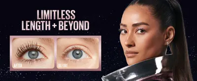 Shows a lash length and volume transformation in a small after and before pair to prove the length claim. Pairs a model portrait with one headline claim that the mascara adds dramatic length.