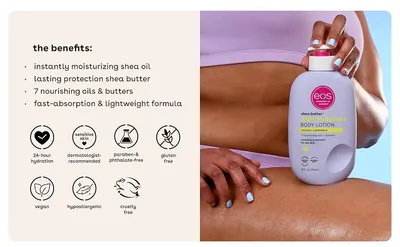 Lists key moisturizing benefits and icon claims so shoppers see why the lotion suits dry skin. Reassures shoppers that the lotion is gentle, dermatologist-recommended, vegan and cruelty free.
