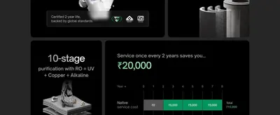Shows several distinct selling points in segmented panels, including a 10-stage purification process, certified 2-year filter life, and lower long-term service costs versus the native service cost…