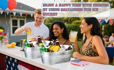 Shows friends enjoying a backyard gathering with galvanized tubs of drinks to help shoppers picture the product in a festive social setting.