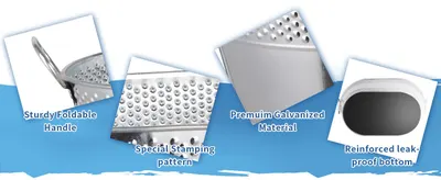 Shows four distinct product strengths in separate angled panels so shoppers quickly see the handle, stamped surface, durable galvanized build, and leak-proof base.